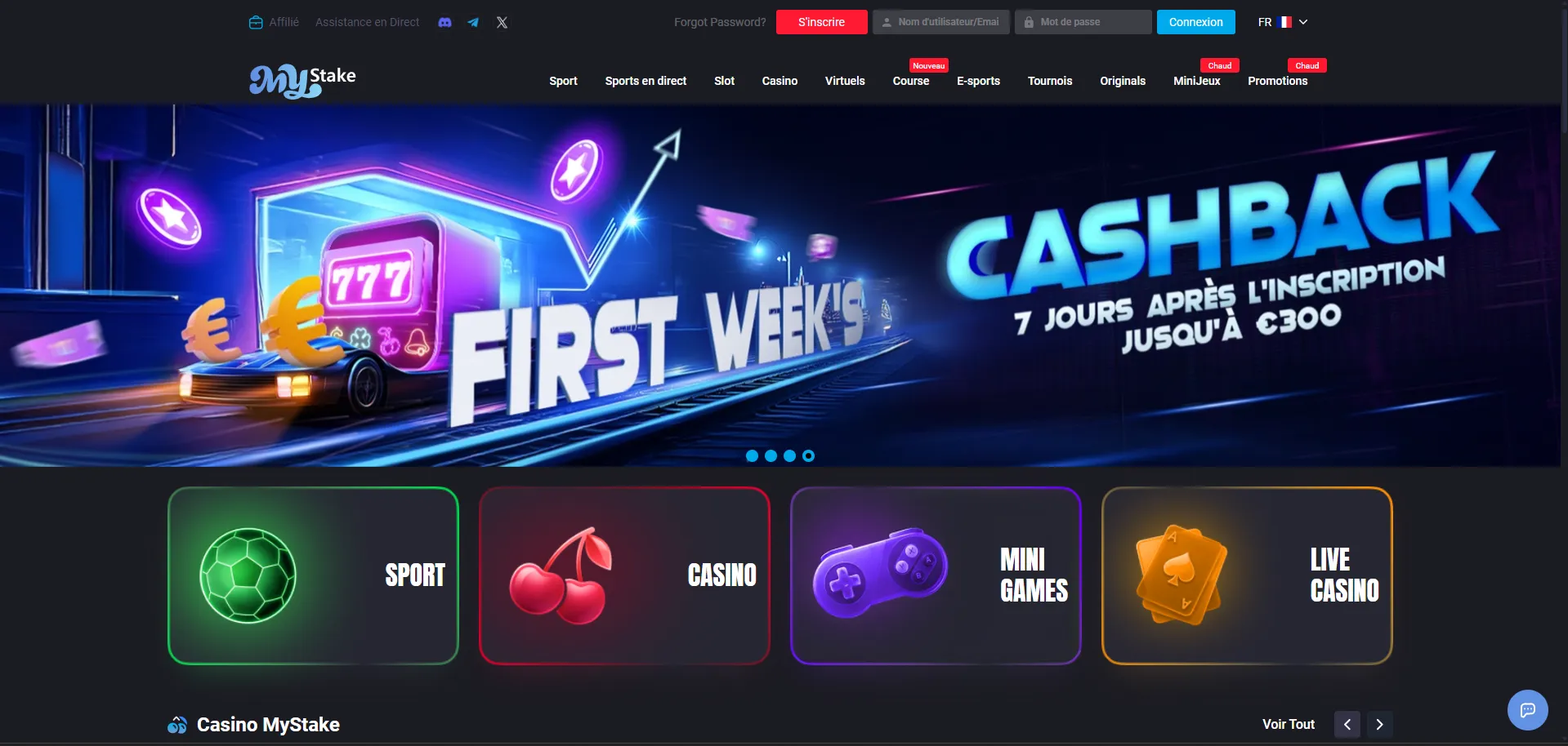 Page d'accueil de MyStake casino avec les boutons S'inscrire et Connexion