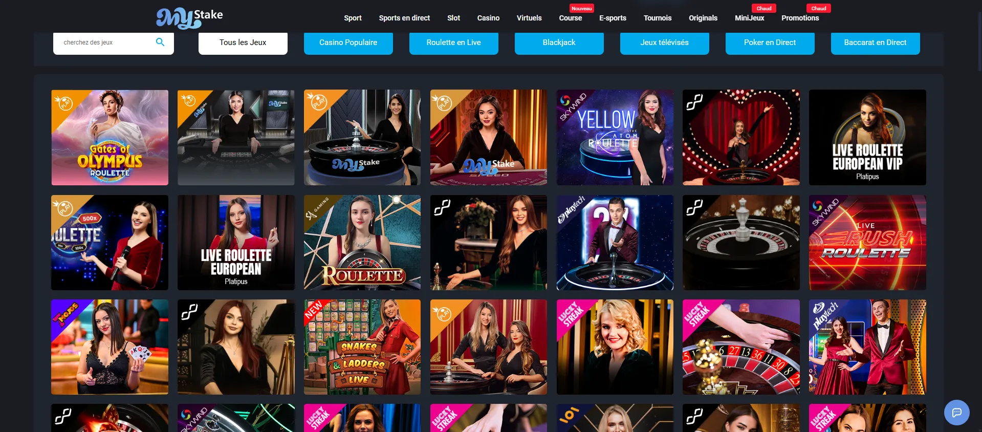 Lobby du casino en direct MyStake avec les tables de roulette et de blackjack