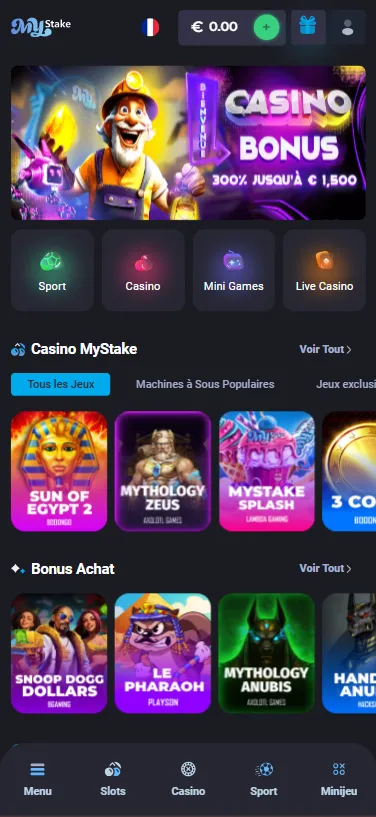 Version mobile de MyStake casino affichée dans le navigateur d'un téléphone
