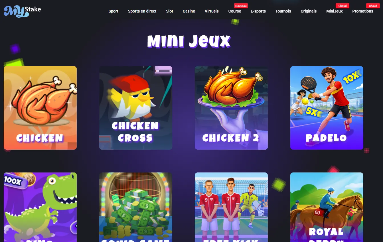 Lobby des mini-jeux MyStake avec Chicken, Chicken Cross, Padelo et Dino