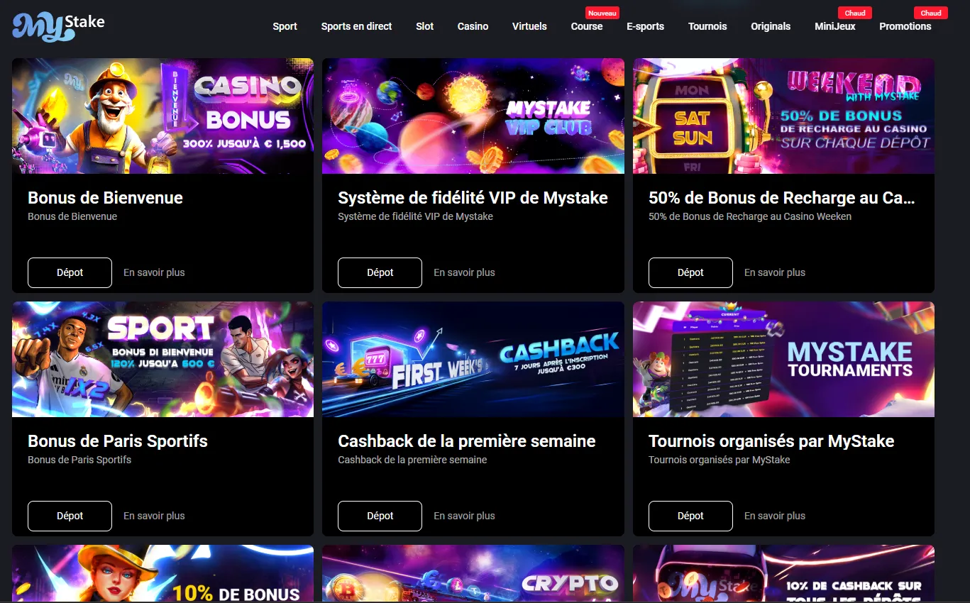 Page des promotions MyStake avec les bonus de bienvenue casino et sport