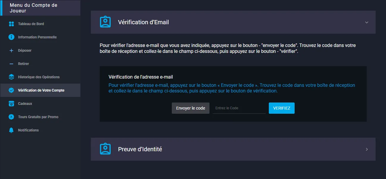 Page de vérification du compte MyStake avec le bloc de vérification d'e-mail
