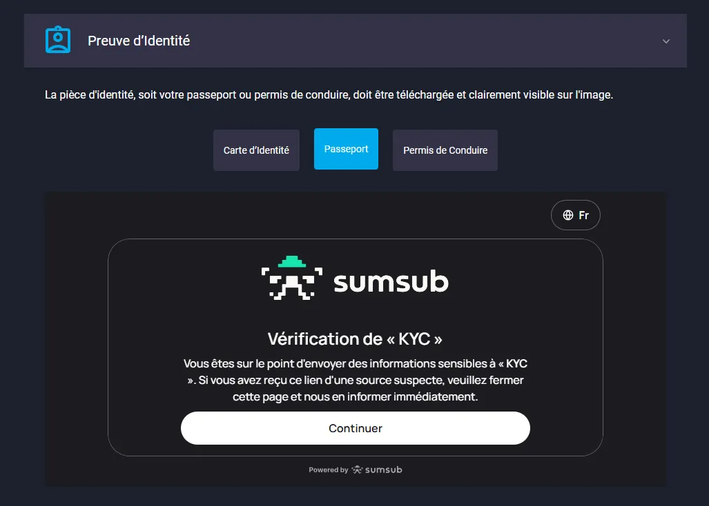 Étape Preuve d'identité MyStake avec l'envoi de documents via Sumsub