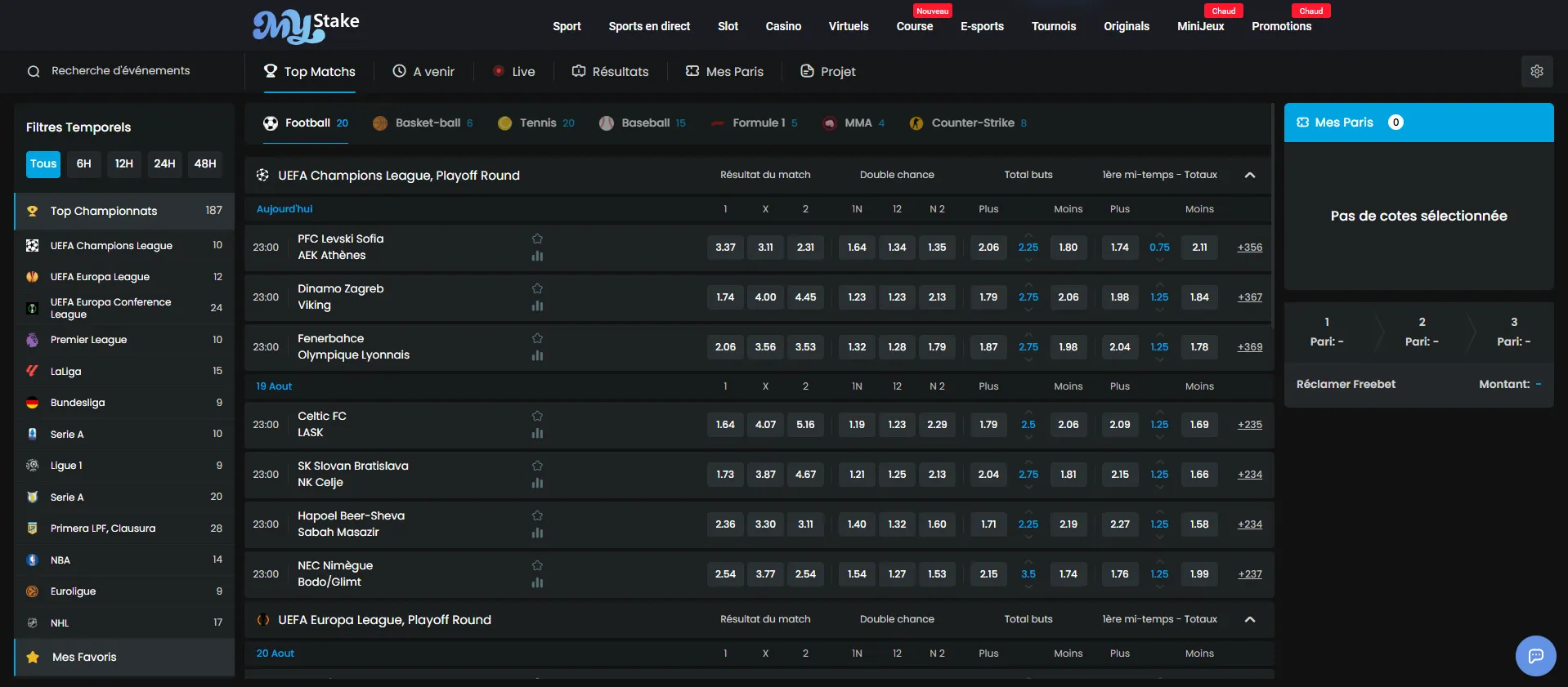 Section paris sportifs de MyStake avec les cotes des top matchs